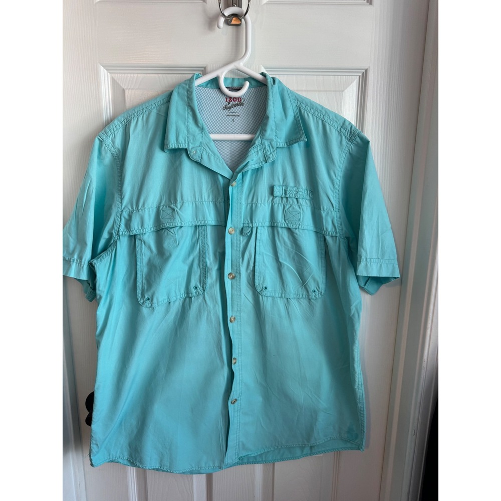IZOD Saltwater Fishing Shirt Mens Large Aqua Button Front Short Sleeve Vented